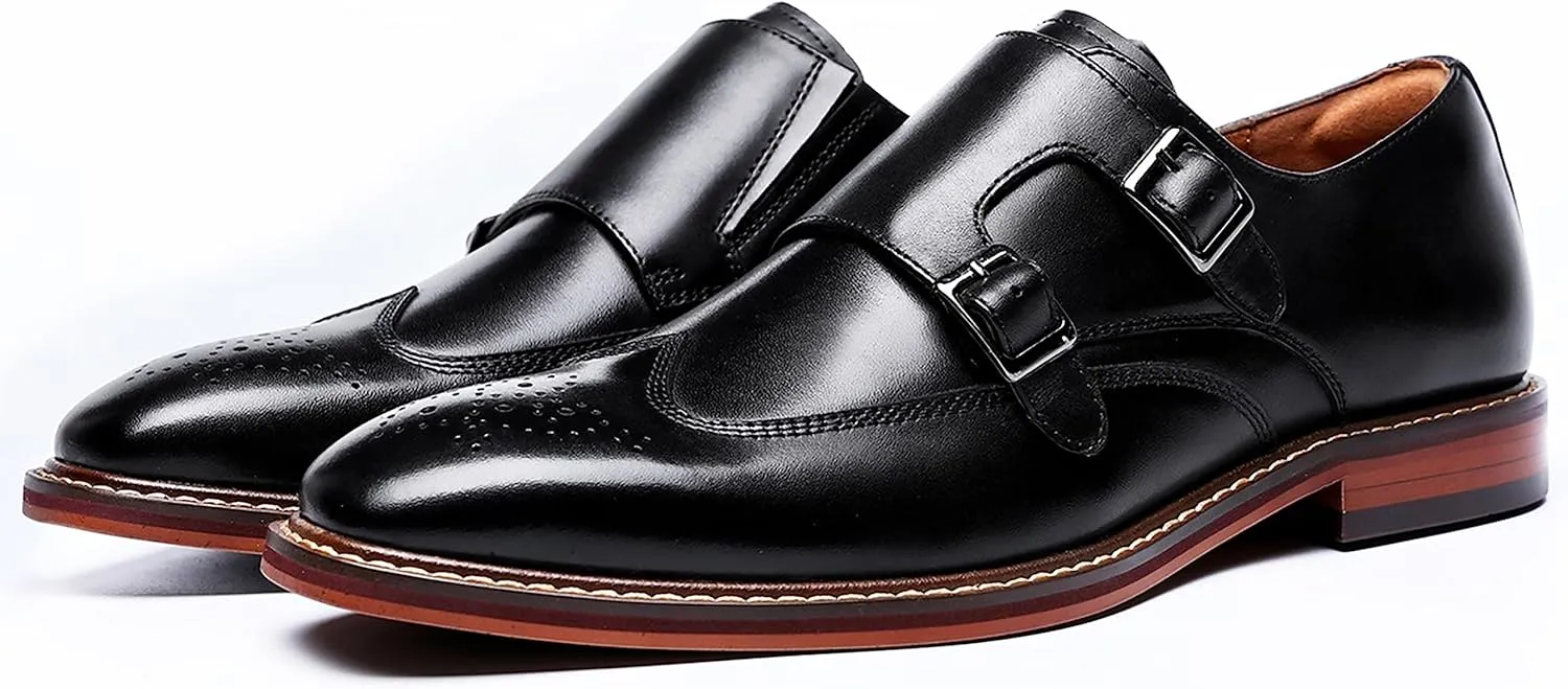 Santimon Mens Loafers Silp On Formal Dress Genuine Leather Double Buckle Monk Strap Loafers Fashion Comfort Business Shoes for Men