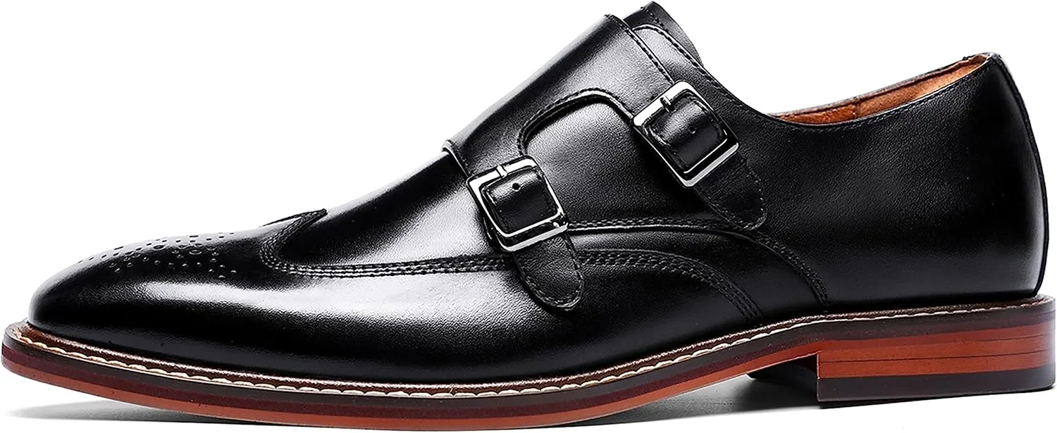 Santimon Mens Loafers Silp On Formal Dress Genuine Leather Double Buckle Monk Strap Loafers Fashion Comfort Business Shoes for Men