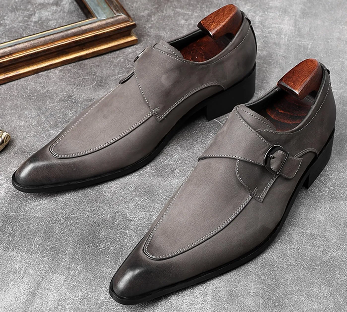 Santimon Men's Suede Dress Shoes Monk Strap Loafers | Formal Penny Loafers with Classic Buckle Closure & Non-Slip Rubber Sole for Business Casual, Wedding & Evening Events