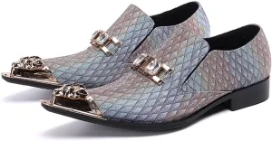 Santiomn Mens Tuxedo Smoking Loafers Genuine Leather Pointed Metallic Crown Cap Toe Argyle Jeweled Horse Bit Formal Dress Slip On Business Shoes