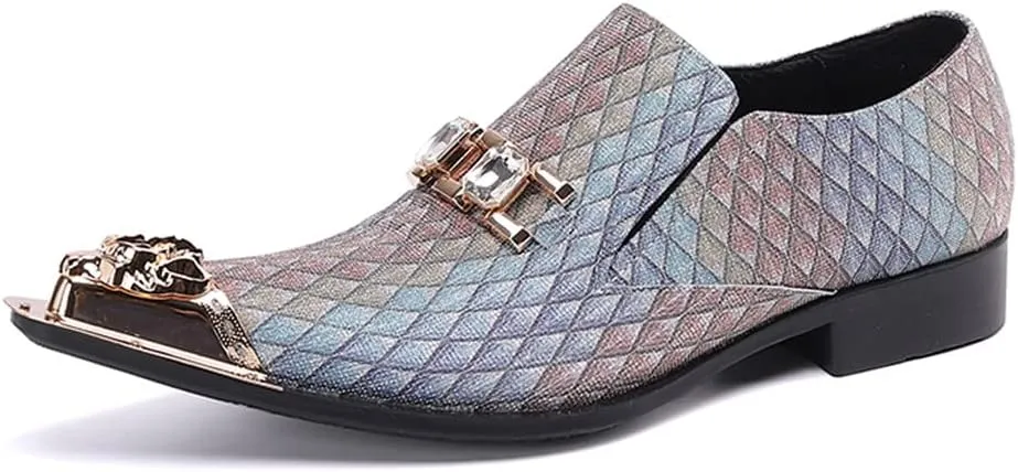 Santiomn Mens Tuxedo Smoking Loafers Genuine Leather Pointed Metallic Crown Cap Toe Argyle Jeweled Horse Bit Formal Dress Slip On Business Shoes