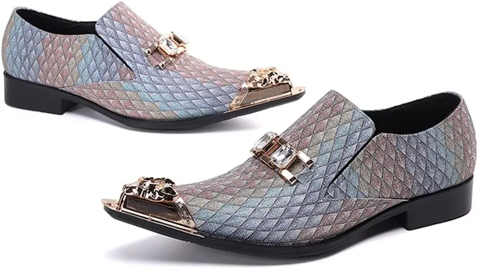 Santiomn Mens Tuxedo Smoking Loafers Genuine Leather Pointed Metallic Crown Cap Toe Argyle Jeweled Horse Bit Formal Dress Slip On Business Shoes
