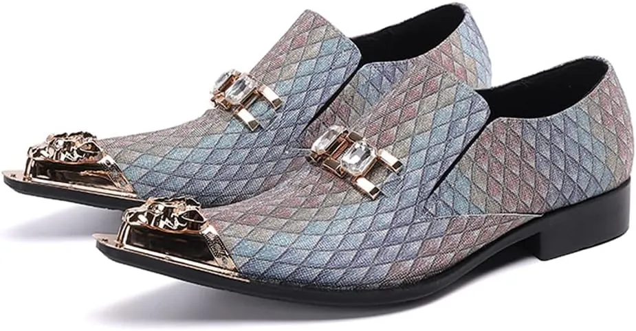 Santiomn Mens Tuxedo Smoking Loafers Genuine Leather Pointed Metallic Crown Cap Toe Argyle Jeweled Horse Bit Formal Dress Slip On Business Shoes