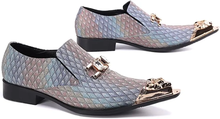 Santiomn Mens Tuxedo Smoking Loafers Genuine Leather Pointed Metallic Crown Cap Toe Argyle Jeweled Horse Bit Formal Dress Slip On Business Shoes