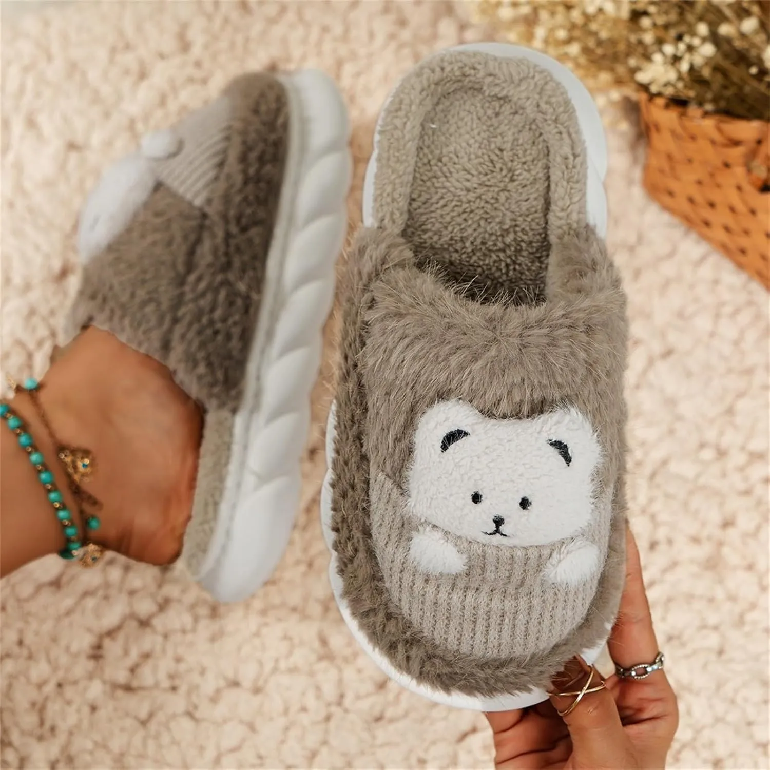 SBGMoSJ House Slippers for Elderly Women Non Slip Bedroom Slippers Ballerina House Slippers White Fluffy Slippers Closed Toe Christmas Village Accessories Gifts for Her 2023