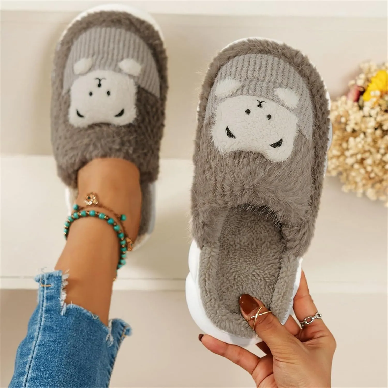 SBGMoSJ House Slippers for Elderly Women Non Slip Bedroom Slippers Ballerina House Slippers White Fluffy Slippers Closed Toe Christmas Village Accessories Gifts for Her 2023