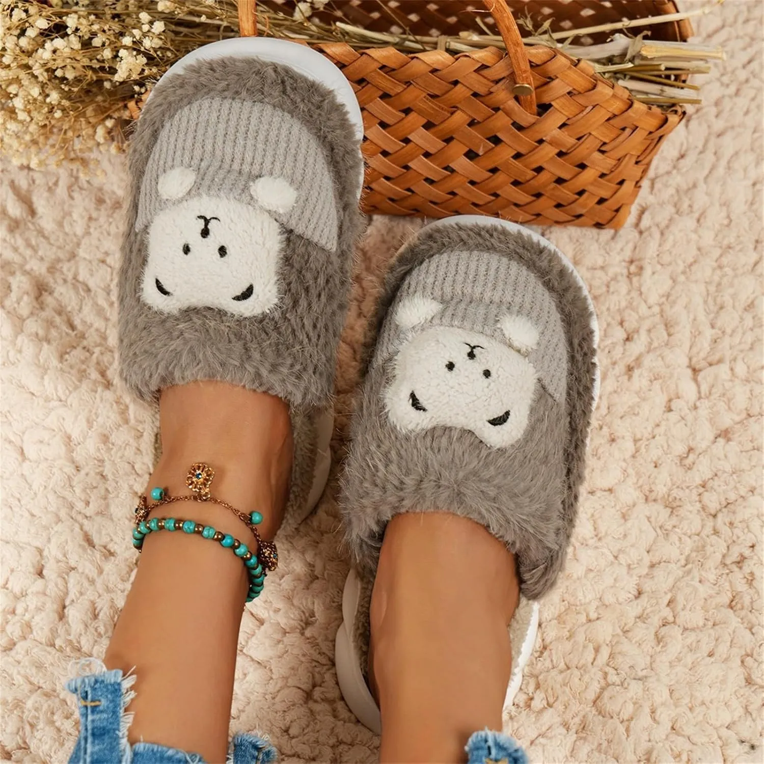 SBGMoSJ House Slippers for Elderly Women Non Slip Bedroom Slippers Ballerina House Slippers White Fluffy Slippers Closed Toe Christmas Village Accessories Gifts for Her 2023