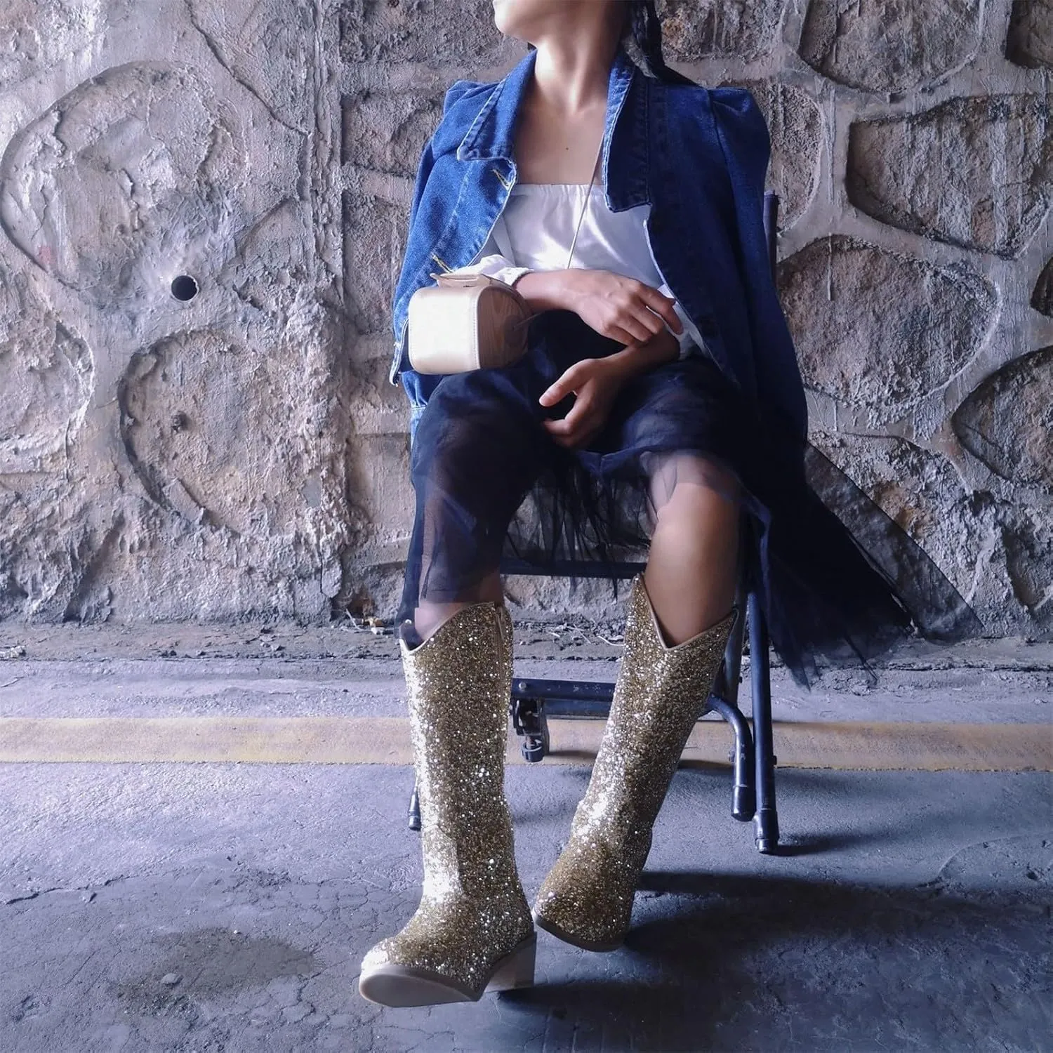 Sequins High Heels Pumps for Girl Waterproof Cowboy Western Boots Boot Knee High Boots Mid Calf Boots