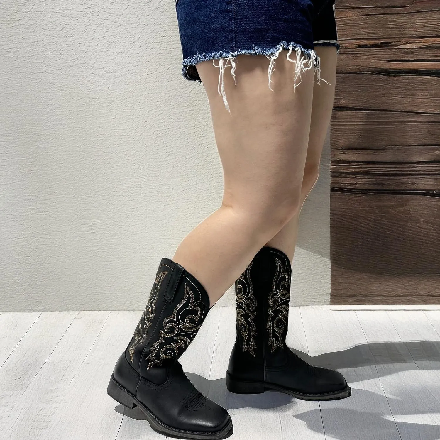 SheSole Women's Wide Width Cowboy Boots Square Toe Mid Calf Western Cowgirl Boots