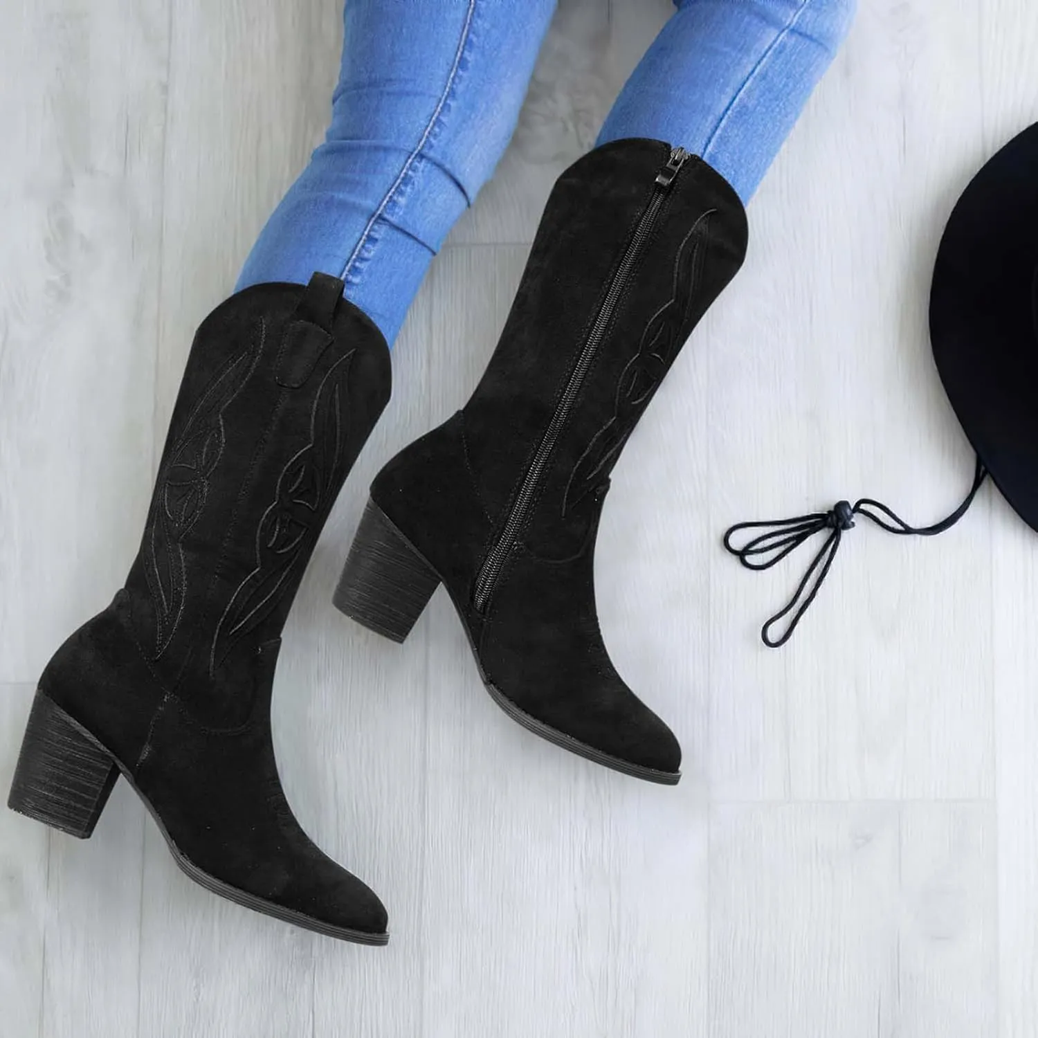 SHIBEVER Cowboy Boots for Women 2025: Black Mid Calf Cowgirl Boots Western Embroidered Country High Heel Round Toe Booties