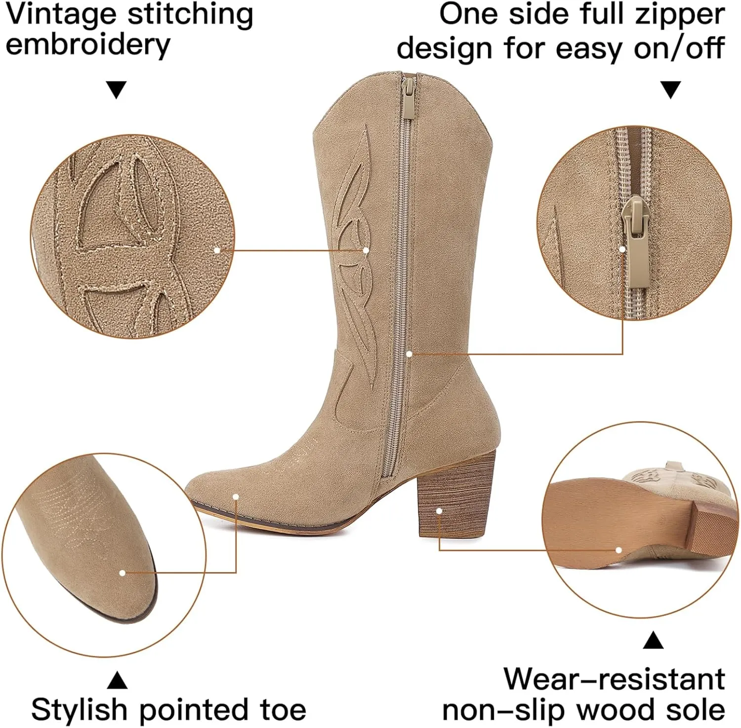 SHIBEVER Cowboy Boots for Women 2025: Black Mid Calf Cowgirl Boots Western Embroidered Country High Heel Round Toe Booties