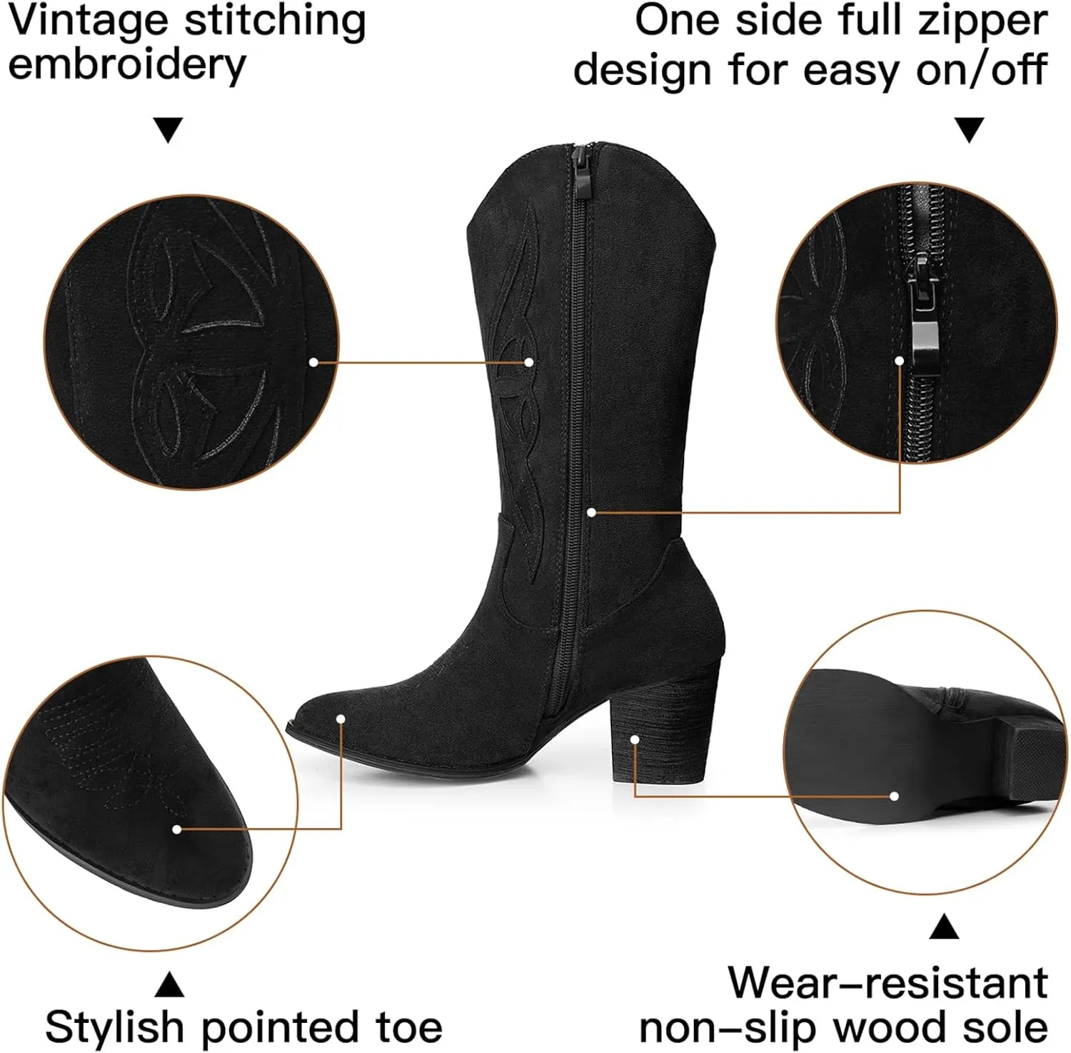 SHIBEVER Cowboy Boots for Women 2025: Black Mid Calf Cowgirl Boots Western Embroidered Country High Heel Round Toe Booties