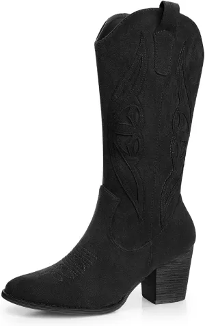 SHIBEVER Cowboy Boots for Women 2025: Black Mid Calf Cowgirl Boots Western Embroidered Country High Heel Round Toe Booties