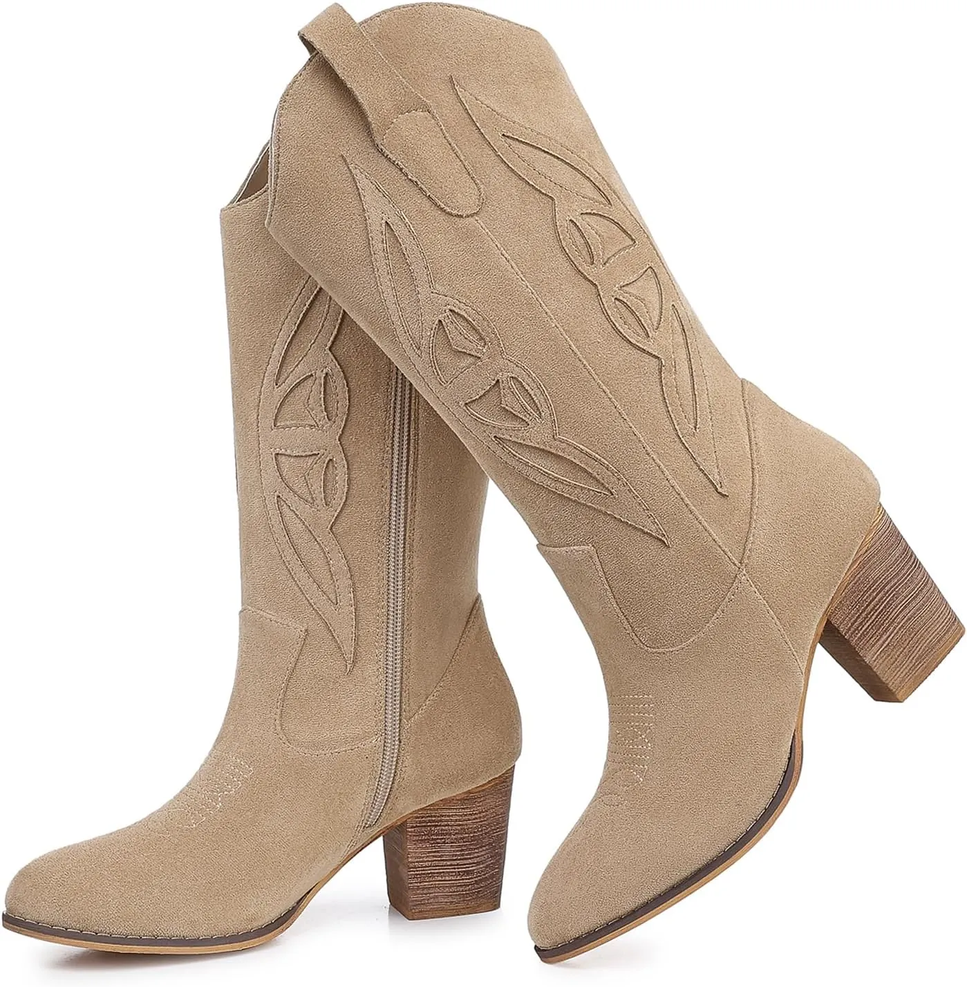 SHIBEVER Cowboy Boots for Women 2025: Black Mid Calf Cowgirl Boots Western Embroidered Country High Heel Round Toe Booties