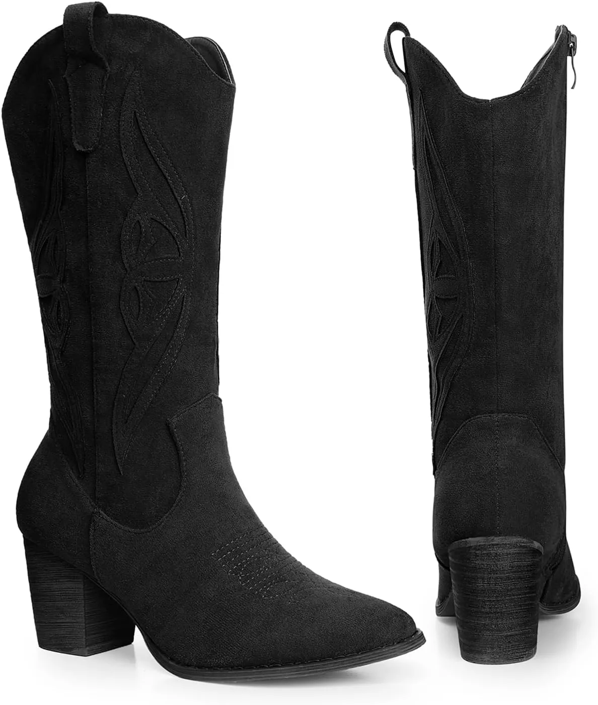 SHIBEVER Cowboy Boots for Women 2025: Black Mid Calf Cowgirl Boots Western Embroidered Country High Heel Round Toe Booties