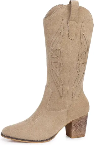 SHIBEVER Cowboy Boots for Women 2025: Black Mid Calf Cowgirl Boots Western Embroidered Country High Heel Round Toe Booties