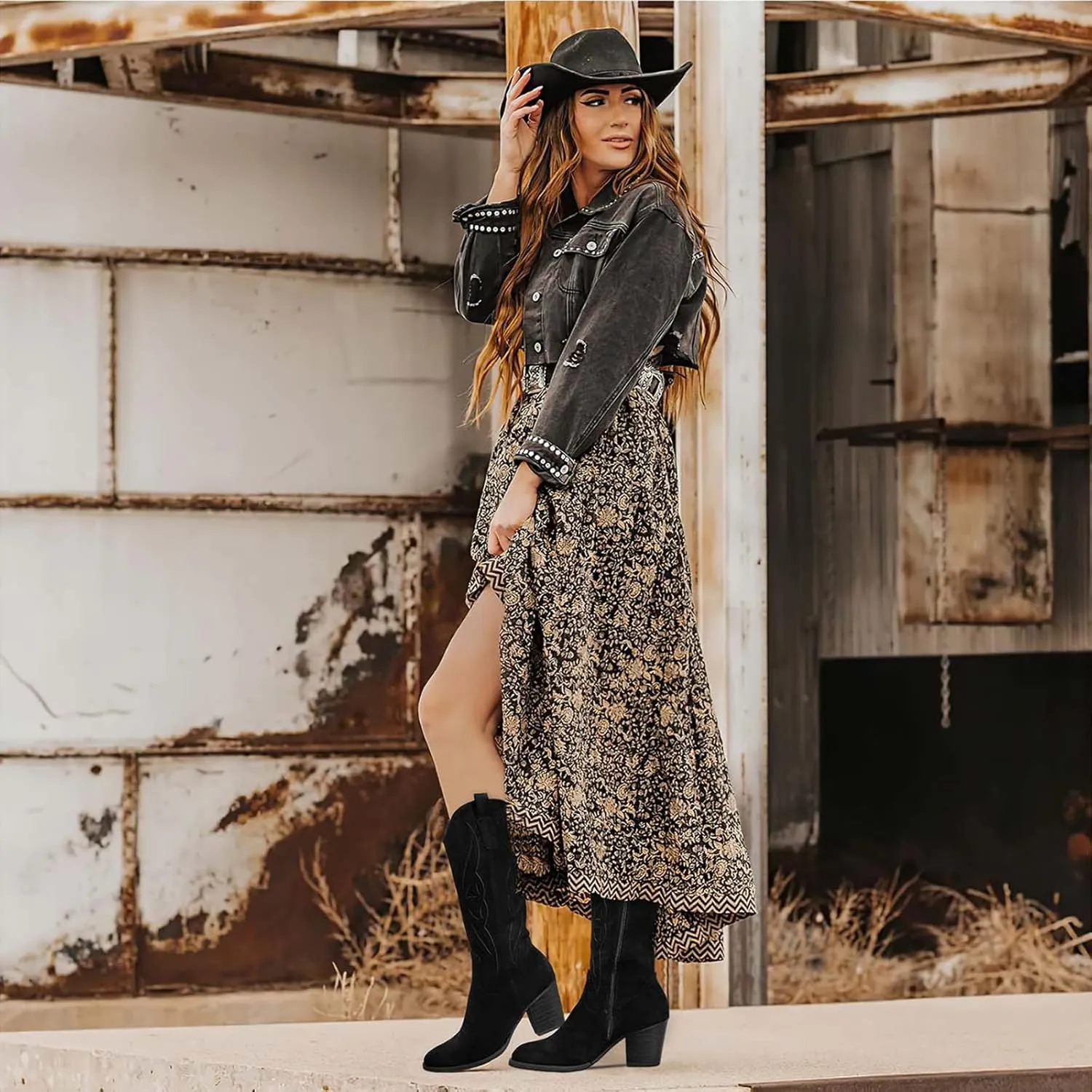 SHIBEVER Cowboy Boots for Women 2025: Black Mid Calf Cowgirl Boots Western Embroidered Country High Heel Round Toe Booties