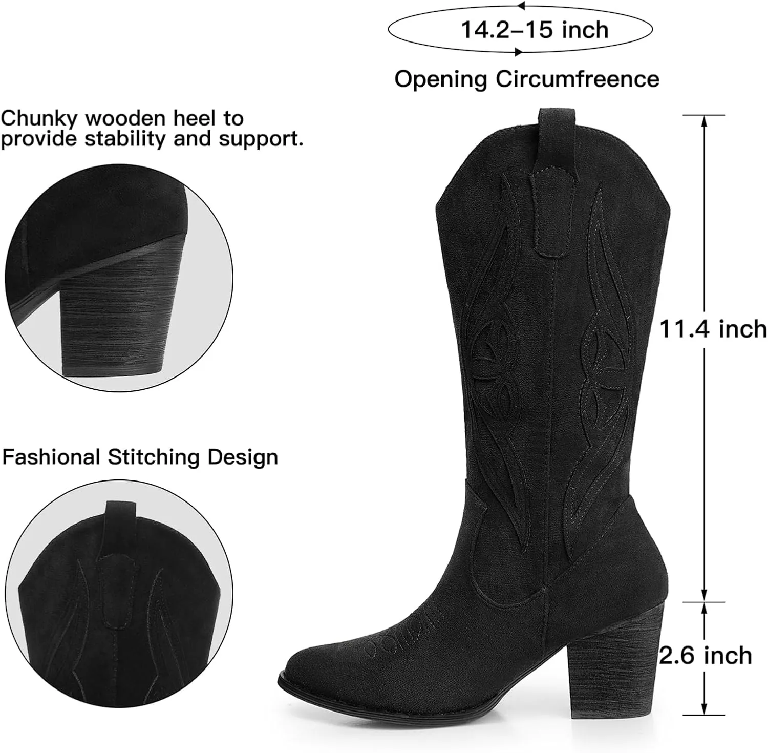 SHIBEVER Cowboy Boots for Women 2025: Black Mid Calf Cowgirl Boots Western Embroidered Country High Heel Round Toe Booties
