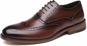 Single Season Oxford Shoes for Men Lace Up Brogue Embossed Wing Tip Round Burnished Toe Vegan Leather Block Heel Anti-Slip Rubber Sole Low Top Slip Resistant Very Popular Among Young peop