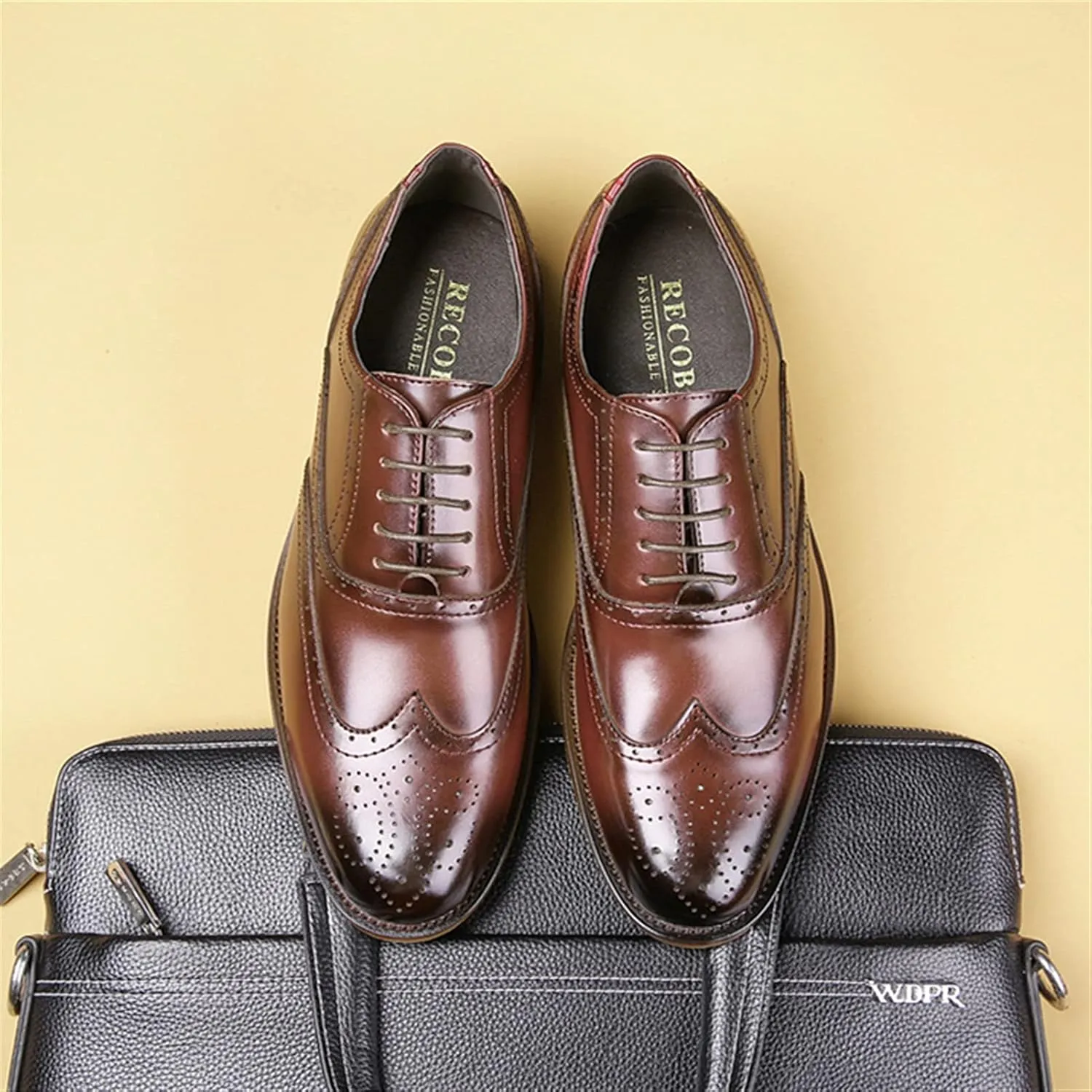Single Season Oxford Shoes for Men Lace Up Brogue Embossed Wing Tip Round Burnished Toe Vegan Leather Block Heel Anti-Slip Rubber Sole Low Top Slip Resistant Very Popular Among Young peop
