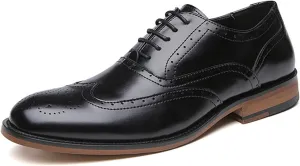 Single Season Oxford Shoes for Men Lace Up Brogue Embossed Wing Tip Round Burnished Toe Vegan Leather Block Heel Anti-Slip Rubber Sole Low Top Slip Resistant Very Popular Among Young peop