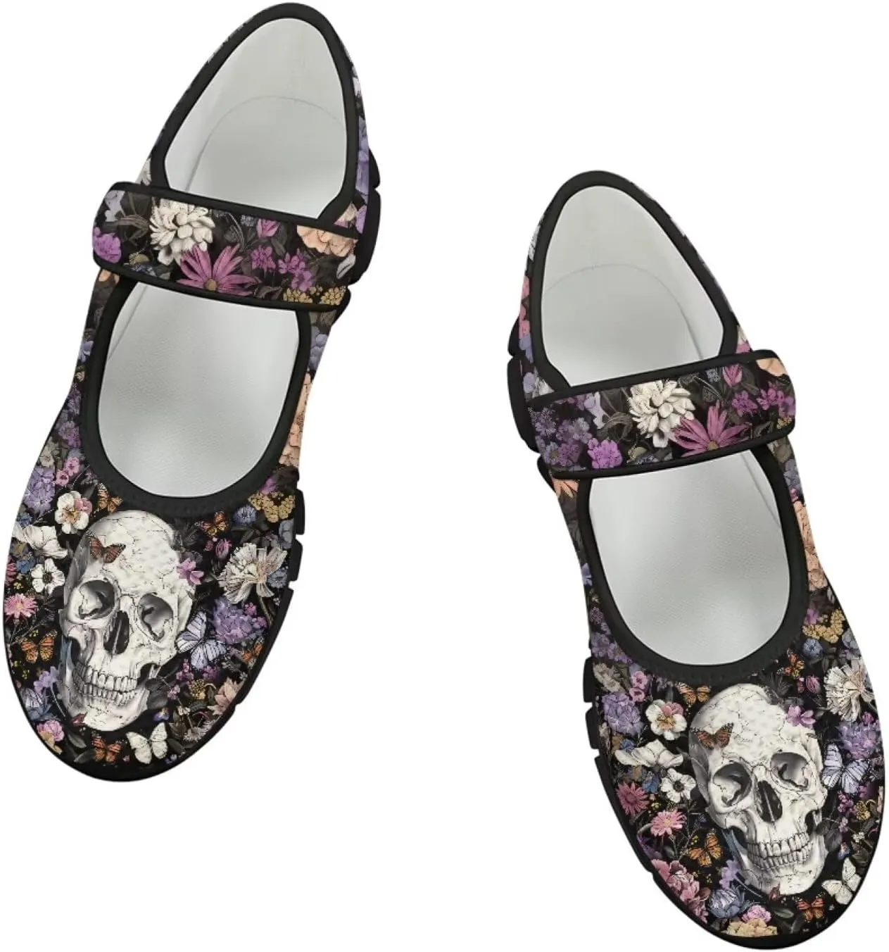 Skull Print Women's Mary Jane Shoes Slip Ons Breathable Cozy Shoes for Daily