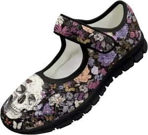 Skull Print Women's Mary Jane Shoes Slip Ons Breathable Cozy Shoes for Daily