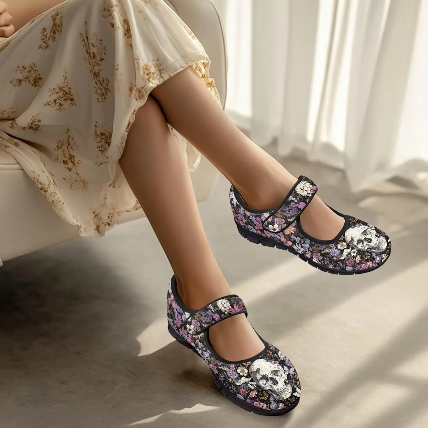 Skull Print Women's Mary Jane Shoes Slip Ons Breathable Cozy Shoes for Daily