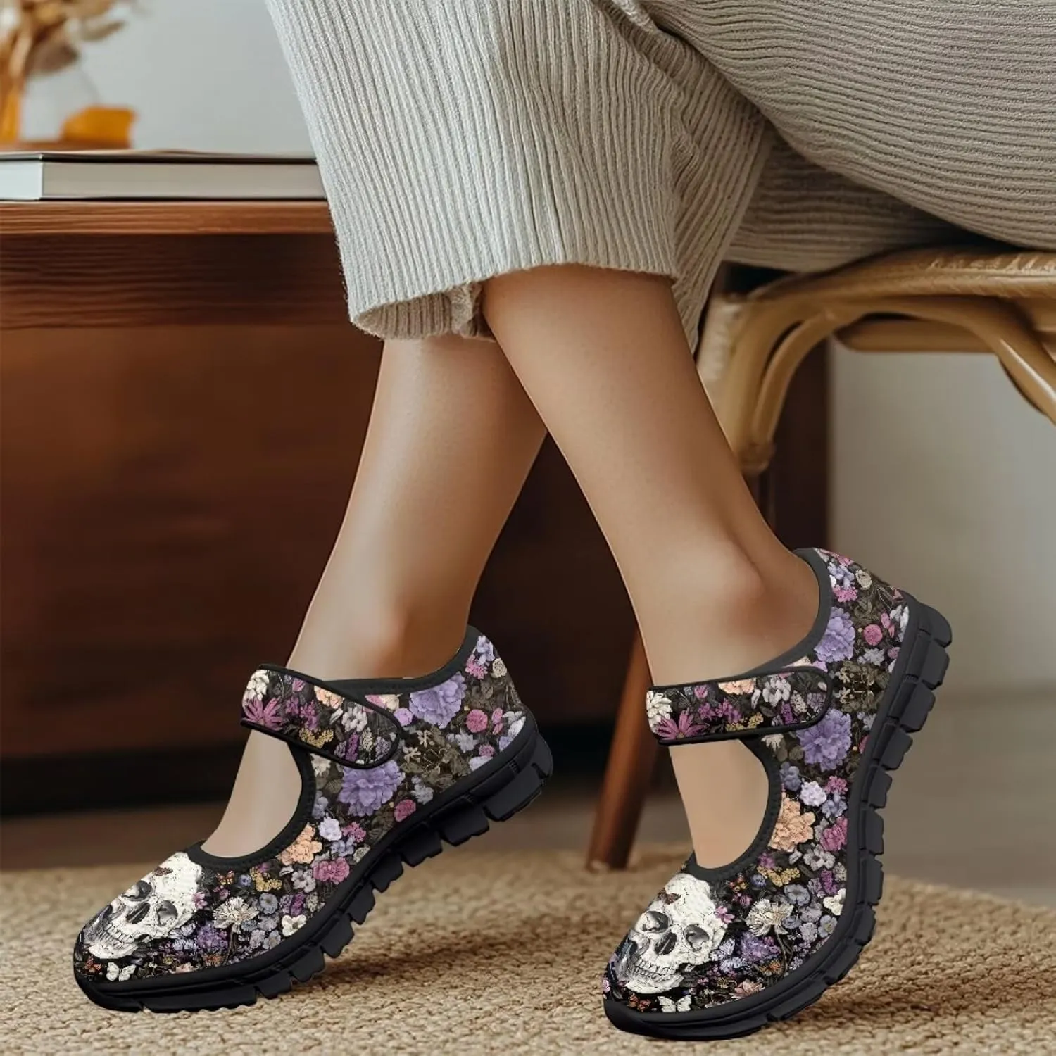 Skull Print Women's Mary Jane Shoes Slip Ons Breathable Cozy Shoes for Daily