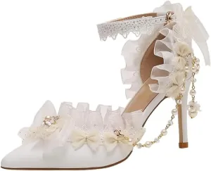 Sweet lace Lorita Bridal Wedding Dress high Heels Women's Shoes White Fringed Flowers Pointed Toe Girl high Heeled Sandals Medium Heel Shoes Low Heels
