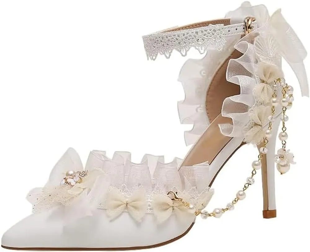 Sweet lace Lorita Bridal Wedding Dress high Heels Women's Shoes White Fringed Flowers Pointed Toe Girl high Heeled Sandals Medium Heel Shoes Low Heels