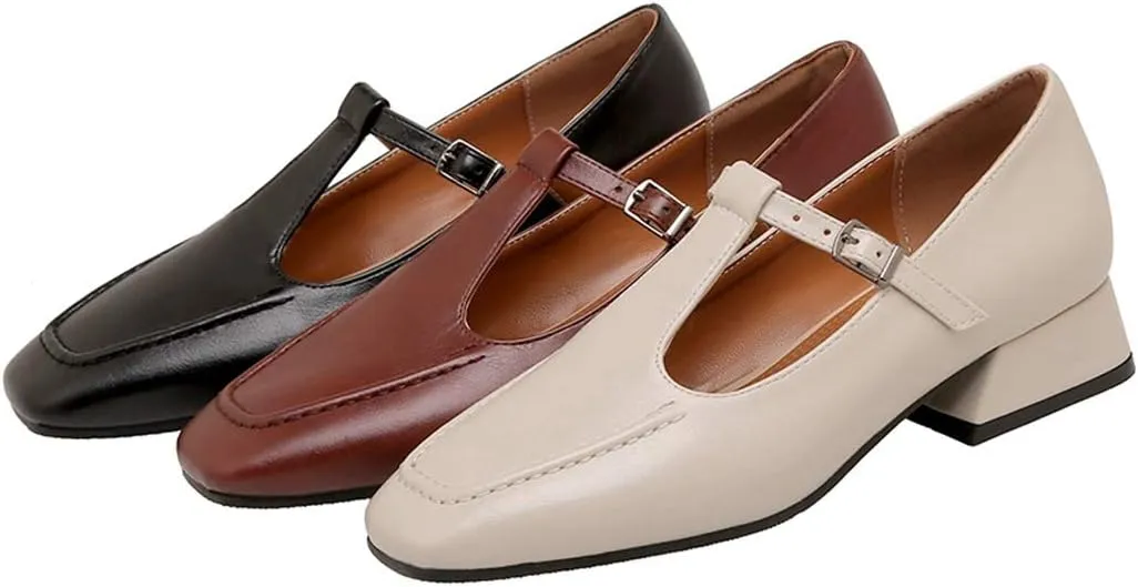 VOKLIN Women's Classic Square Toe T-Strap Penny Loafers Leather Flat Low Heel Mary Jane Dress Oxford Shoes