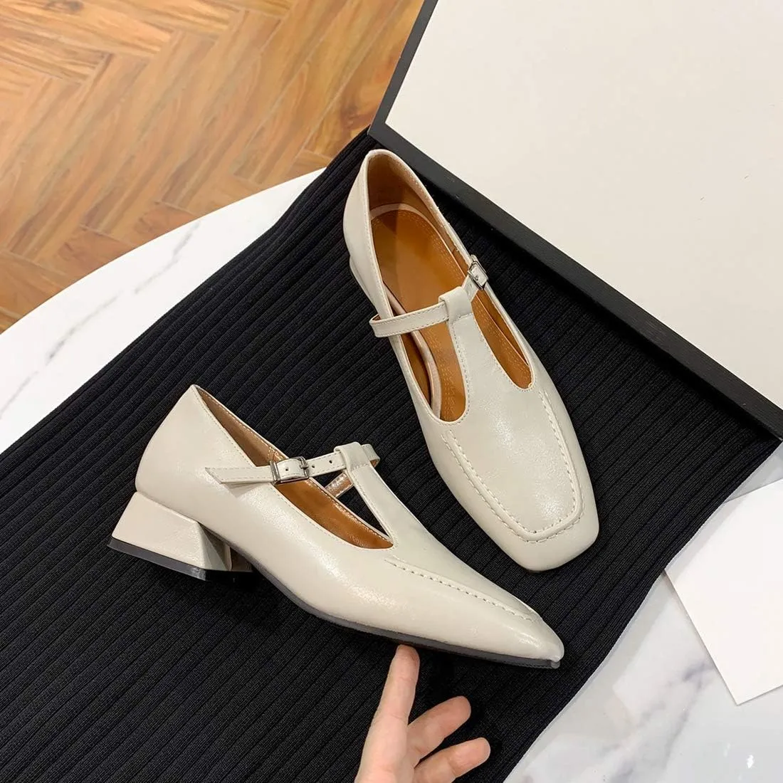 VOKLIN Women's Classic Square Toe T-Strap Penny Loafers Leather Flat Low Heel Mary Jane Dress Oxford Shoes