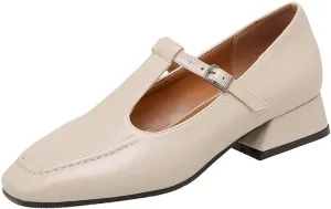 VOKLIN Women's Classic Square Toe T-Strap Penny Loafers Leather Flat Low Heel Mary Jane Dress Oxford Shoes
