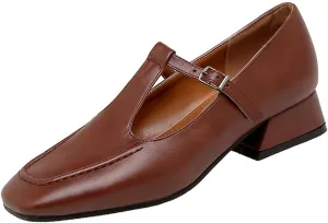 VOKLIN Women's Classic Square Toe T-Strap Penny Loafers Leather Flat Low Heel Mary Jane Dress Oxford Shoes