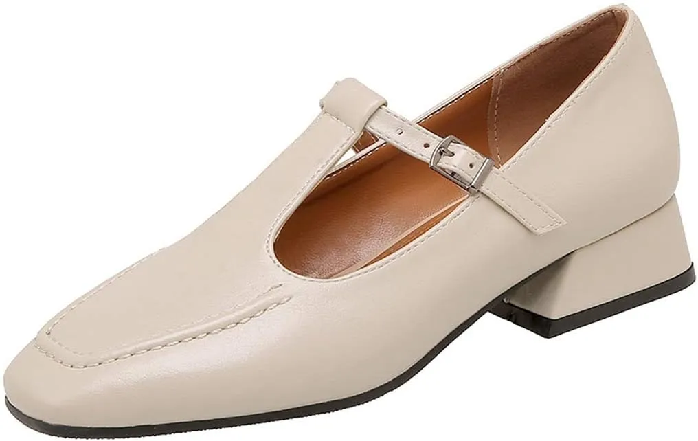VOKLIN Women's Classic Square Toe T-Strap Penny Loafers Leather Flat Low Heel Mary Jane Dress Oxford Shoes