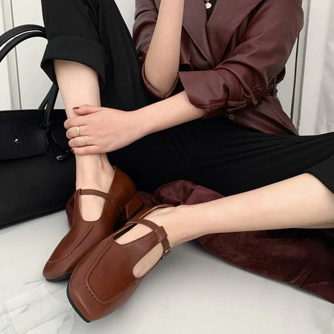 VOKLIN Women's Classic Square Toe T-Strap Penny Loafers Leather Flat Low Heel Mary Jane Dress Oxford Shoes