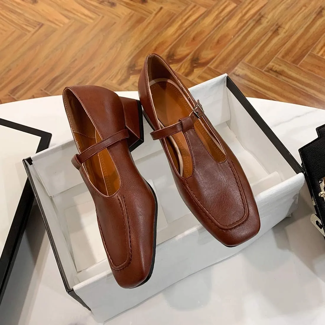 VOKLIN Women's Classic Square Toe T-Strap Penny Loafers Leather Flat Low Heel Mary Jane Dress Oxford Shoes