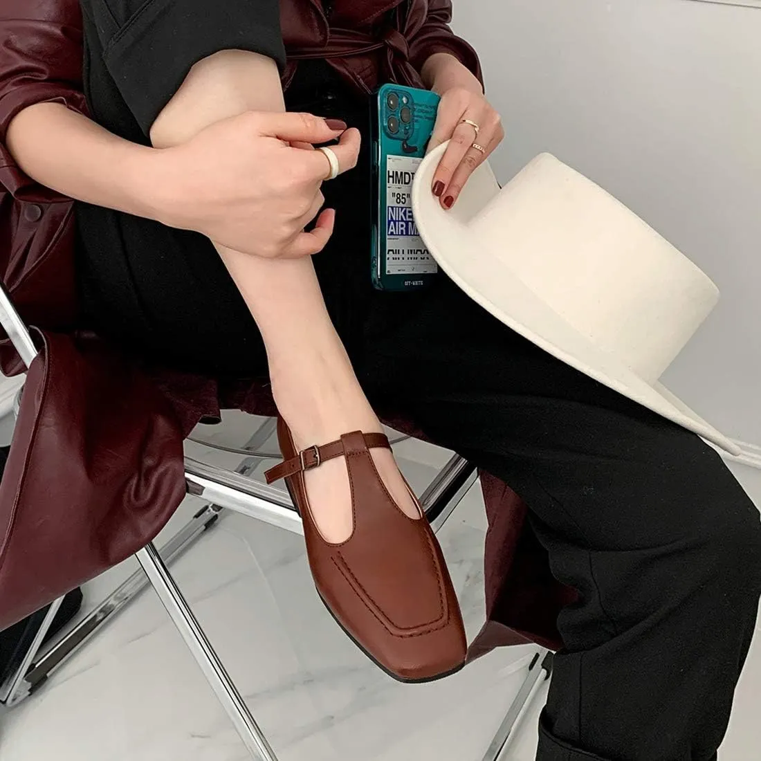 VOKLIN Women's Classic Square Toe T-Strap Penny Loafers Leather Flat Low Heel Mary Jane Dress Oxford Shoes