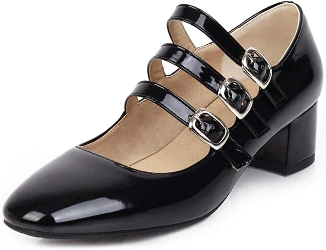 VOKLIN Women's Retro Mary Jane Pump Oxford Shoes Square Toe Buckle Strappy Block Low Heel Classic Dress Pumps