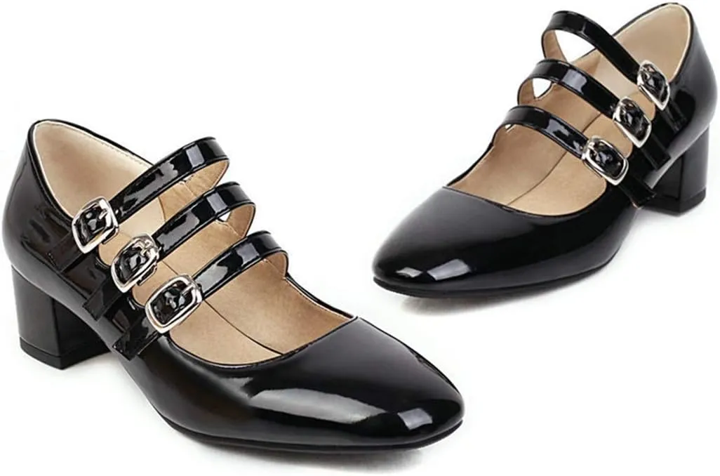 VOKLIN Women's Retro Mary Jane Pump Oxford Shoes Square Toe Buckle Strappy Block Low Heel Classic Dress Pumps