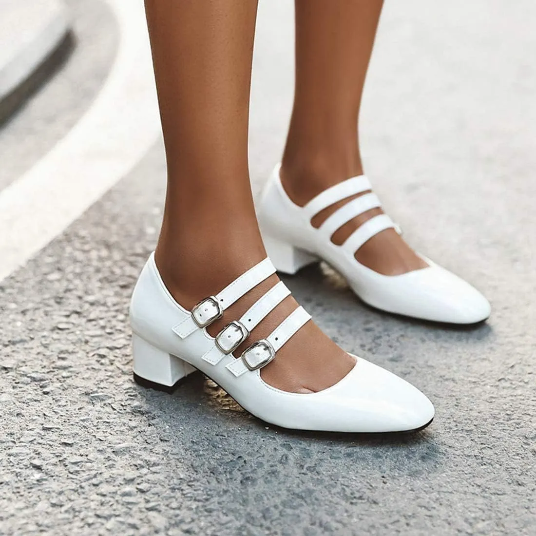 VOKLIN Women's Retro Mary Jane Pump Oxford Shoes Square Toe Buckle Strappy Block Low Heel Classic Dress Pumps