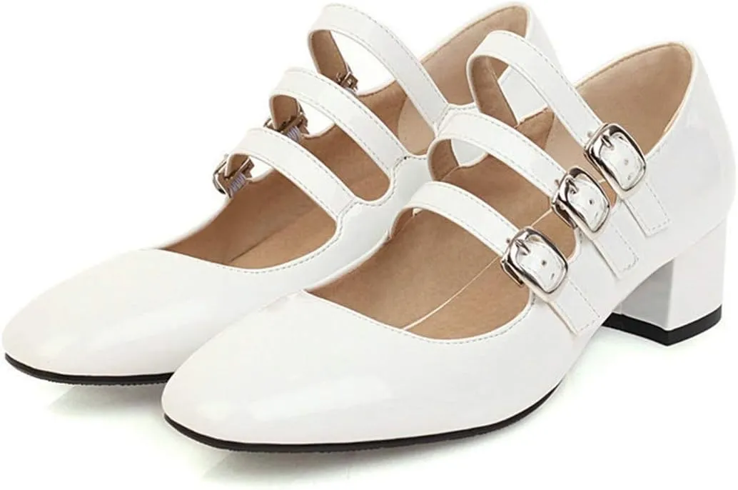 VOKLIN Women's Retro Mary Jane Pump Oxford Shoes Square Toe Buckle Strappy Block Low Heel Classic Dress Pumps