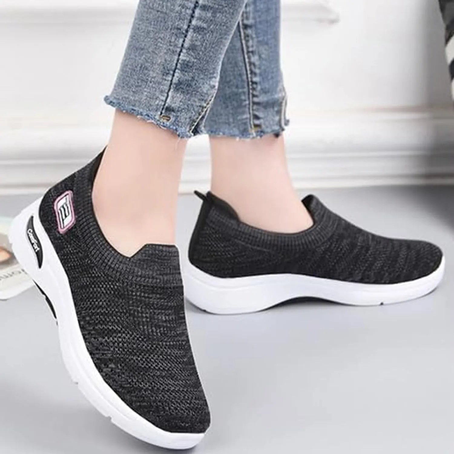 Walking Shoes for Women Knit Breathable Mesh Trainers Sneakers,Go Walk Arch Support Slip On Fashion Shoes,Lightweight Comfort Air Cushion Athletic Sneakers for Outdoor Running Jogging