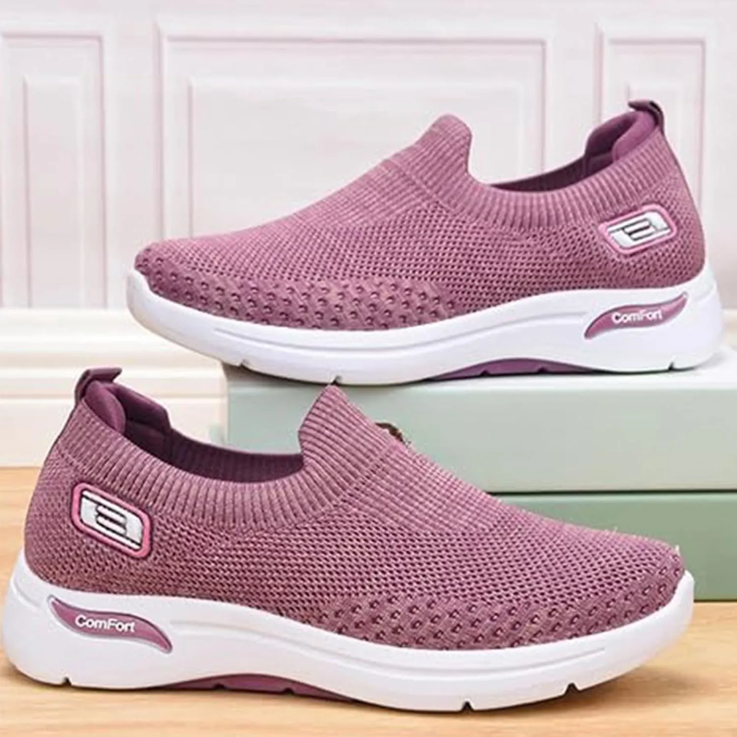 Walking Shoes for Women Knit Breathable Mesh Trainers Sneakers,Go Walk Arch Support Slip On Fashion Shoes,Lightweight Comfort Air Cushion Athletic Sneakers for Outdoor Running Jogging