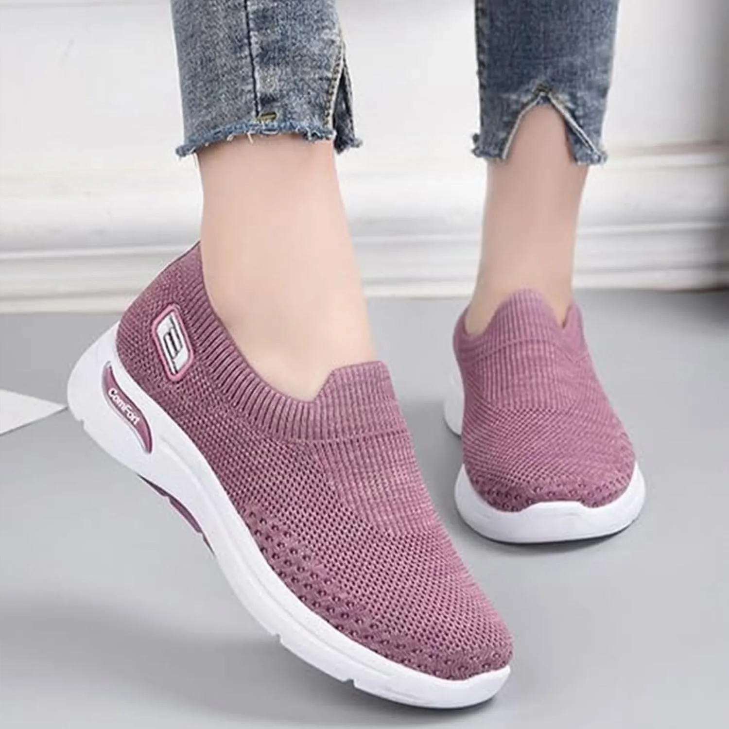 Walking Shoes for Women Knit Breathable Mesh Trainers Sneakers,Go Walk Arch Support Slip On Fashion Shoes,Lightweight Comfort Air Cushion Athletic Sneakers for Outdoor Running Jogging