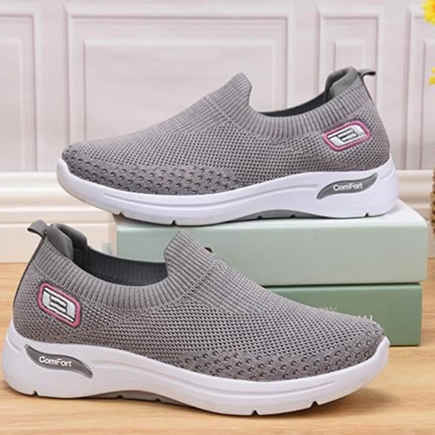 Walking Shoes for Women Knit Breathable Mesh Trainers Sneakers,Go Walk Arch Support Slip On Fashion Shoes,Lightweight Comfort Air Cushion Athletic Sneakers for Outdoor Running Jogging