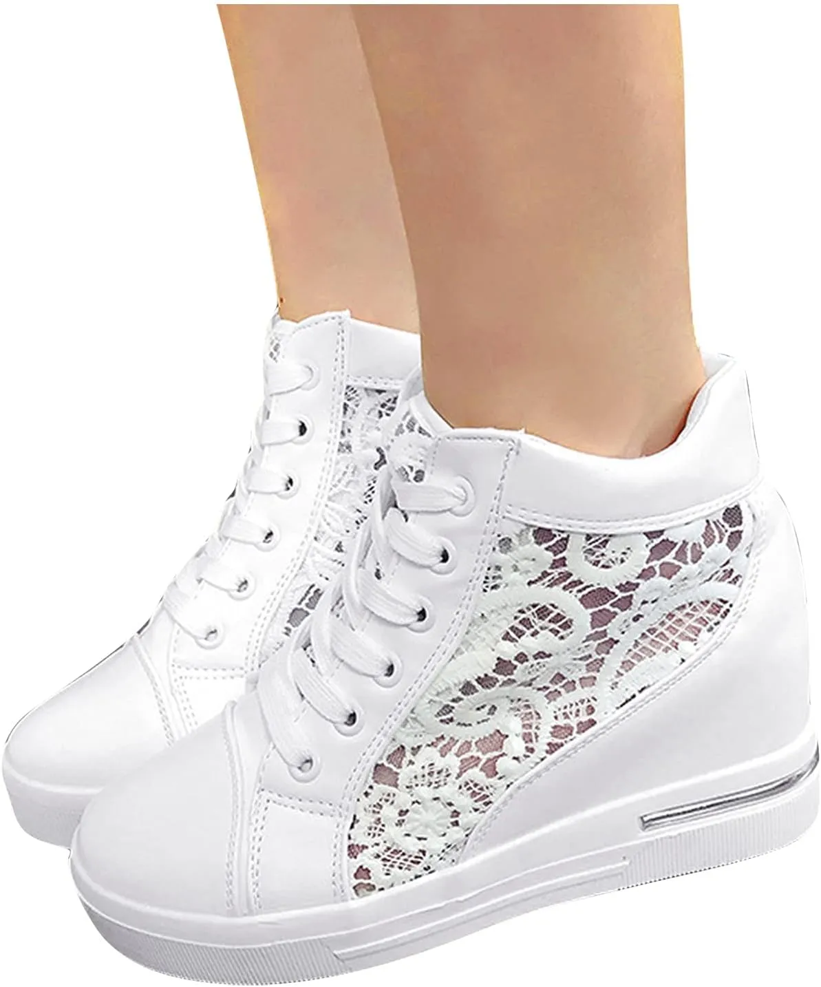 Walking Shoes for Women Platform Hidden Heels Sneakers Lace Up Chunky Bottom High Heels High Top Breathable Floral Shoes