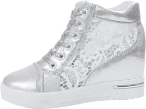 Walking Shoes for Women Platform Hidden Heels Sneakers Lace Up Chunky Bottom High Heels High Top Breathable Floral Shoes