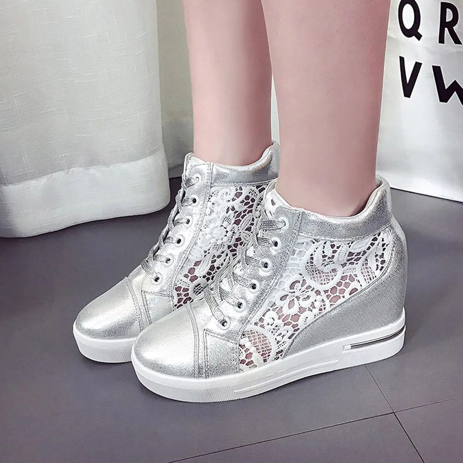 Walking Shoes for Women Platform Hidden Heels Sneakers Lace Up Chunky Bottom High Heels High Top Breathable Floral Shoes